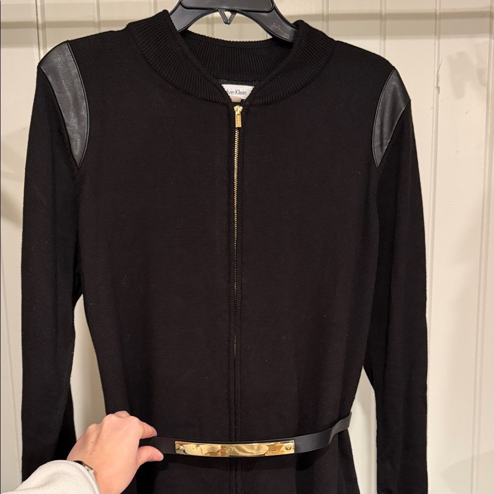 Calvin Klein Black Women's Zip Up Sweater Dress with Belt and Leather Accents